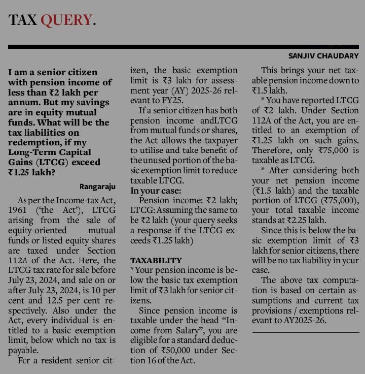 Tax Liability on LTCG for Senior Citizen with Pension Income Below ₹2 Lakh